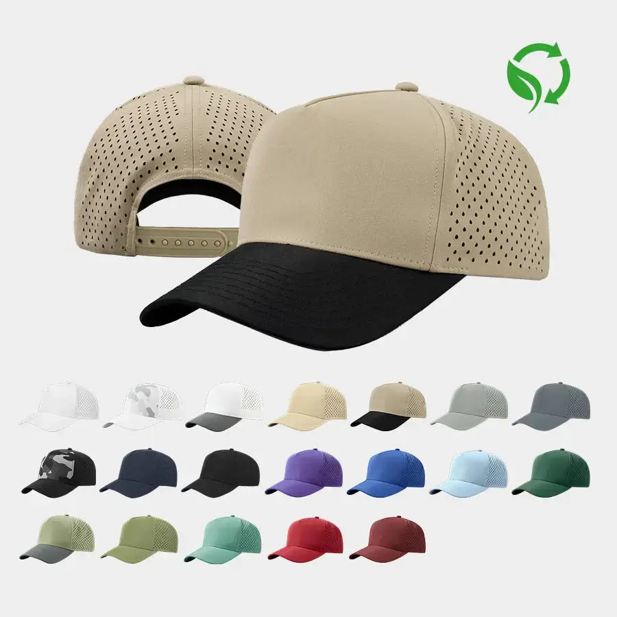 Blank Laser Perforated 5 Panel Performance Snapback Golf Hat Wholesale - 6526 (Recycled Polyester) Foremost Hat