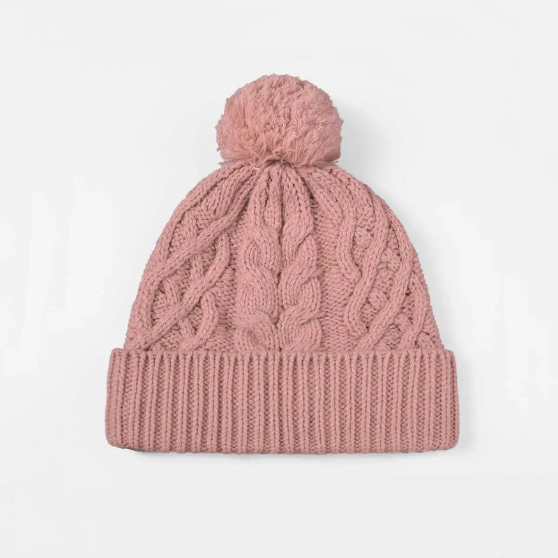 Gorros de Lã Merino com Pompom em Malha Entrançada, Sem Marca, Atacado - 1168