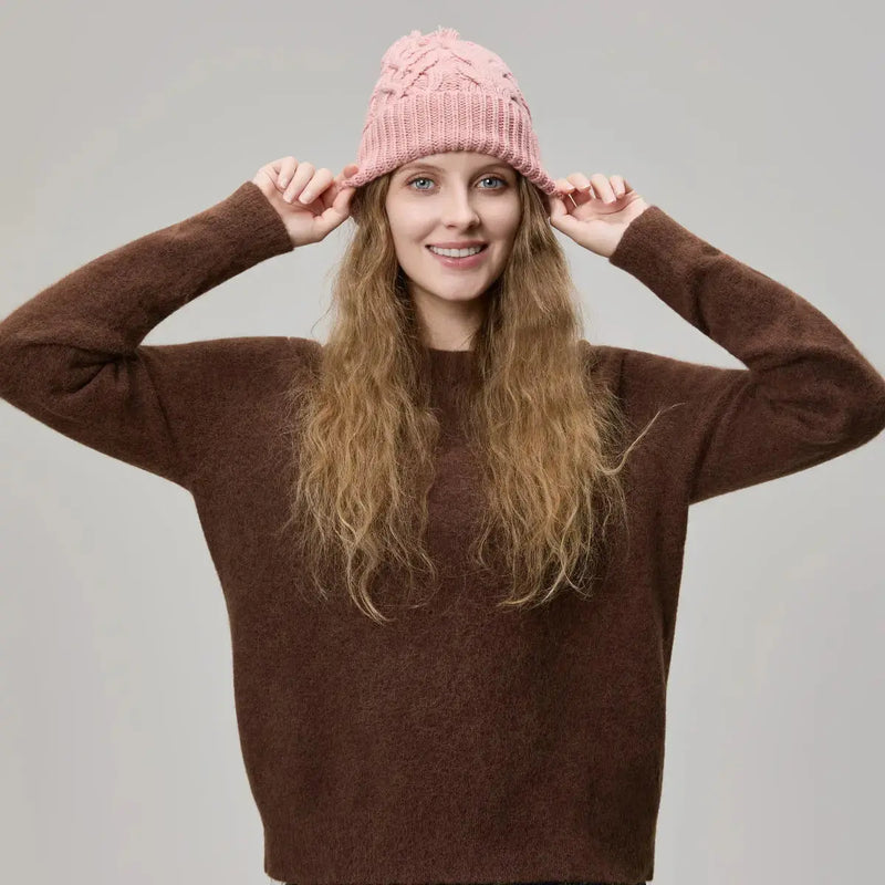 Gorros de Lã Merino com Pompom em Malha Entrançada, Sem Marca, Atacado - 1168